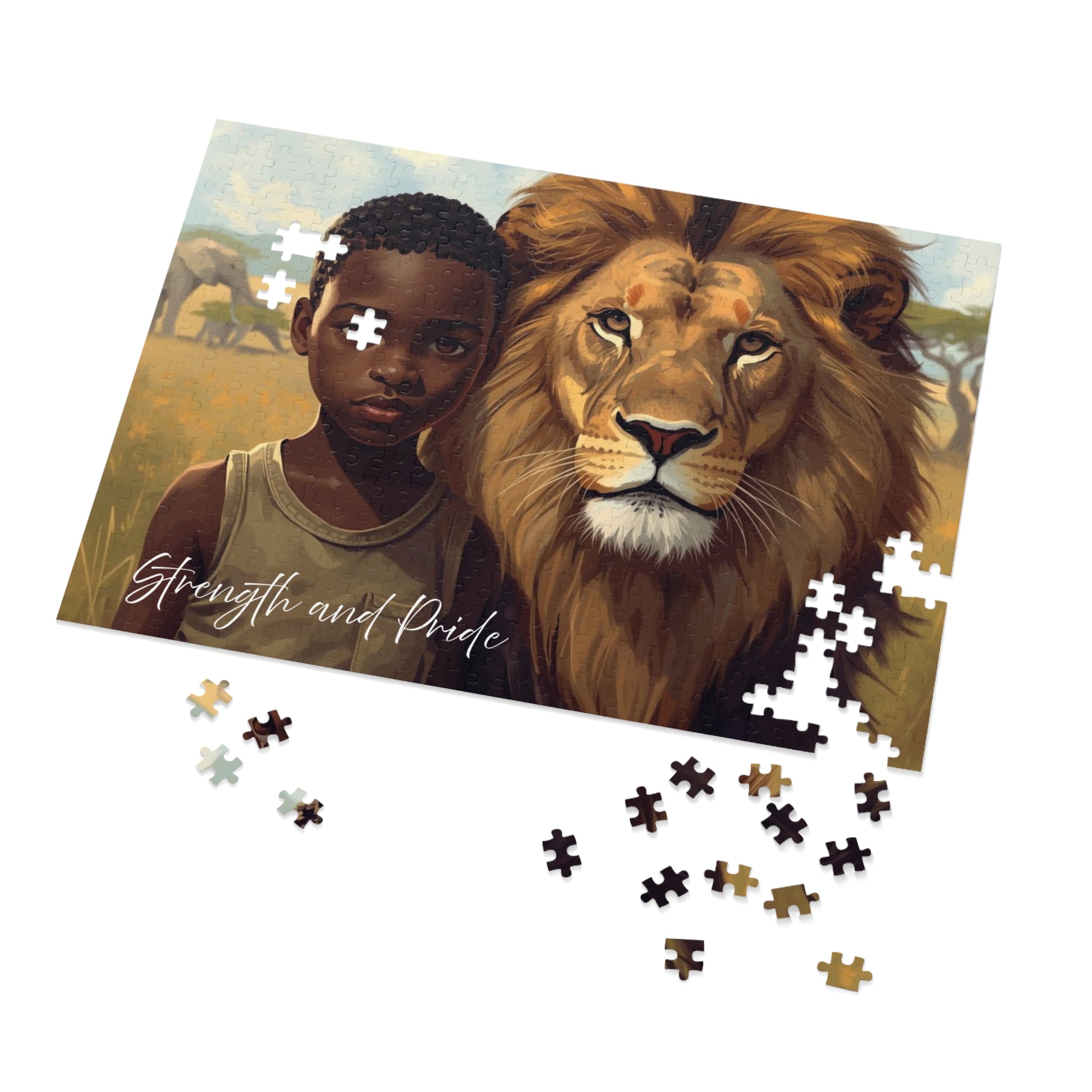 Jigsaw puzzle with a picture of a boy and a lion, with pieces missing.