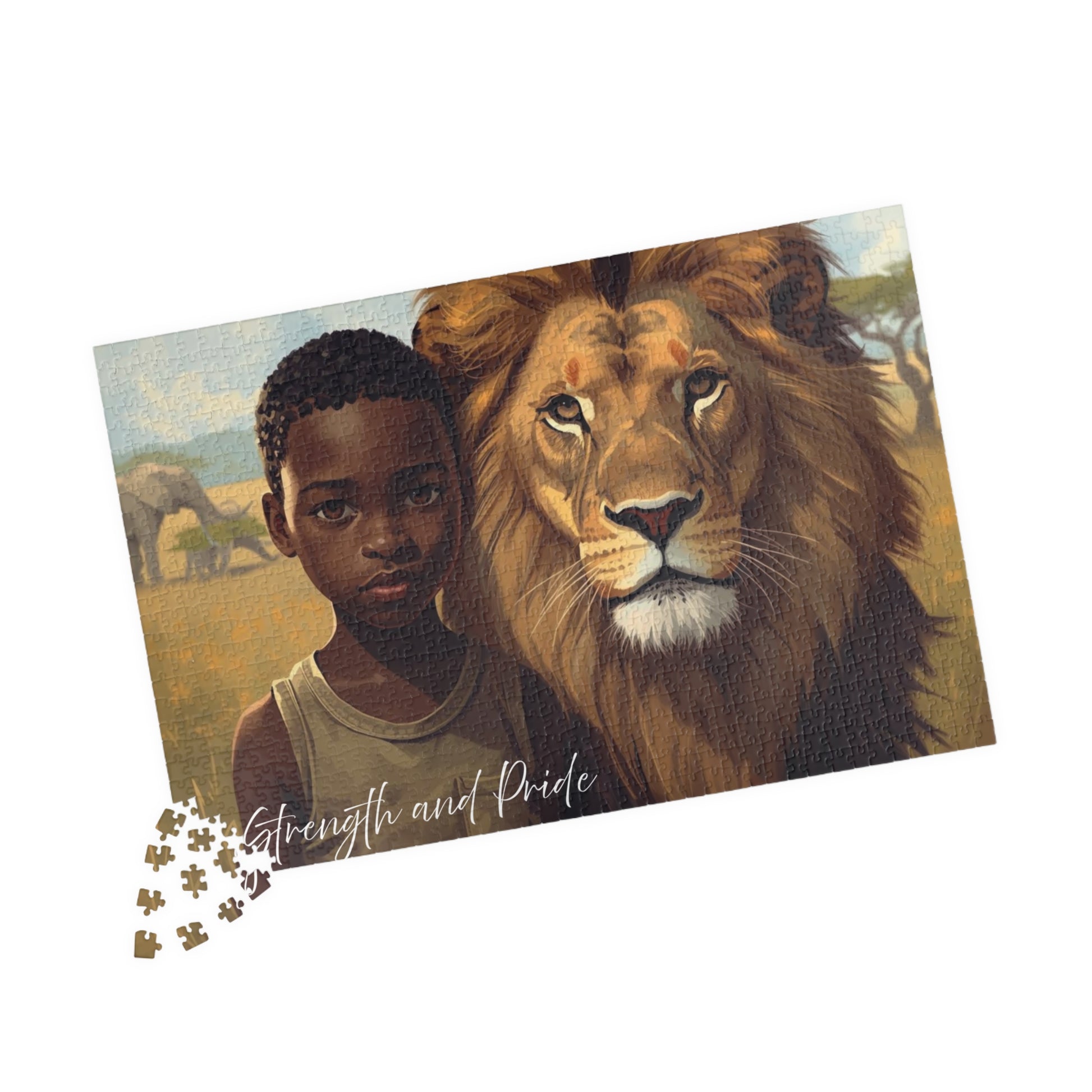 Jigsaw puzzle with a design of a boy and a lion, featuring the text 'Strength and Pride'.