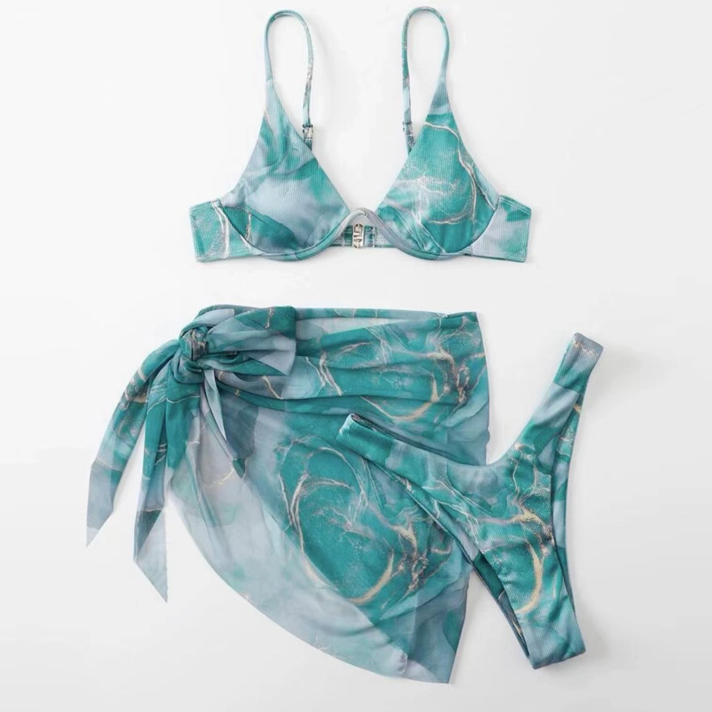 Marble print three‑piece bikini with triangle top, high‑waist bottoms, and matching cover