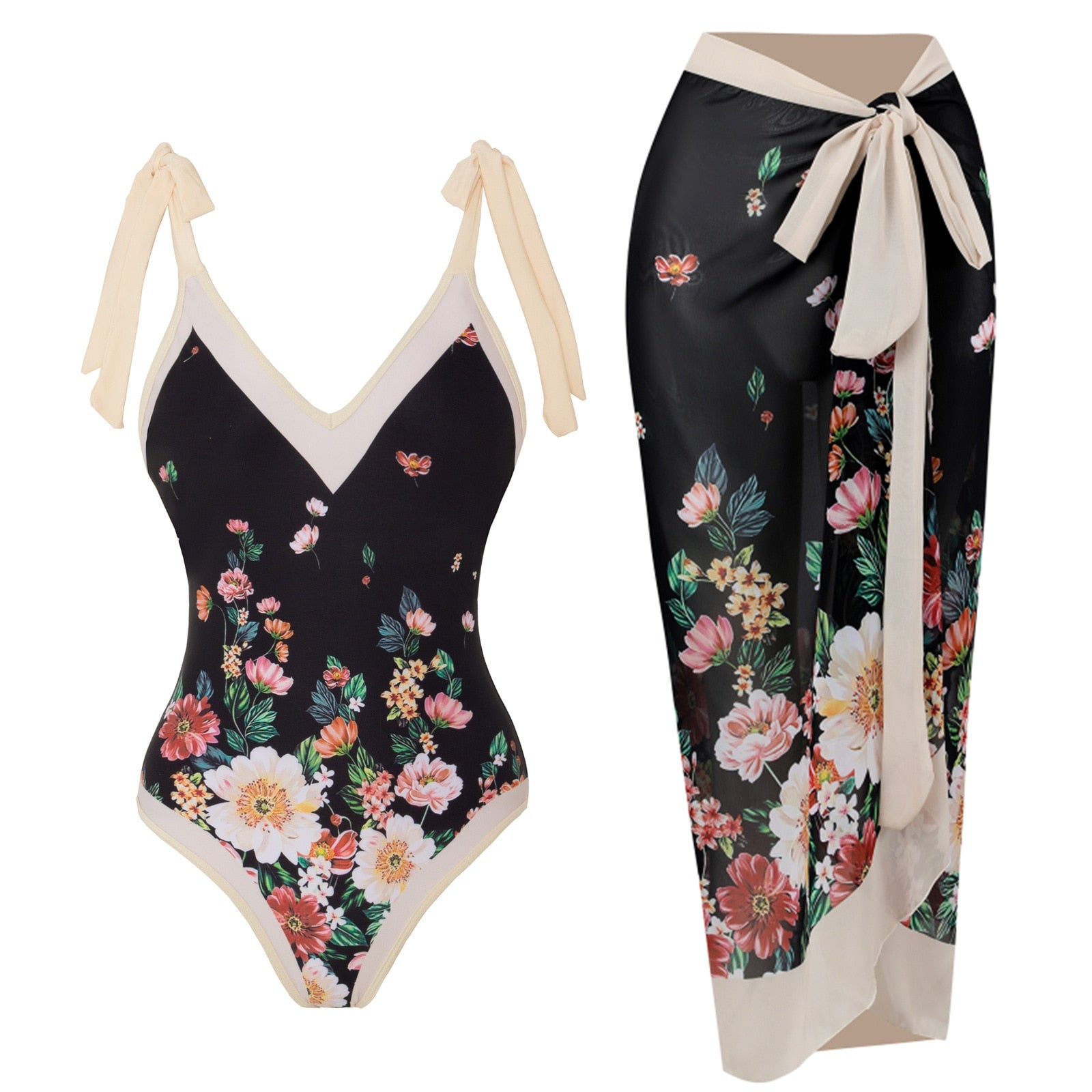 Tropical floral two‑piece bikini with adjustable straps and high‑waist bottom.