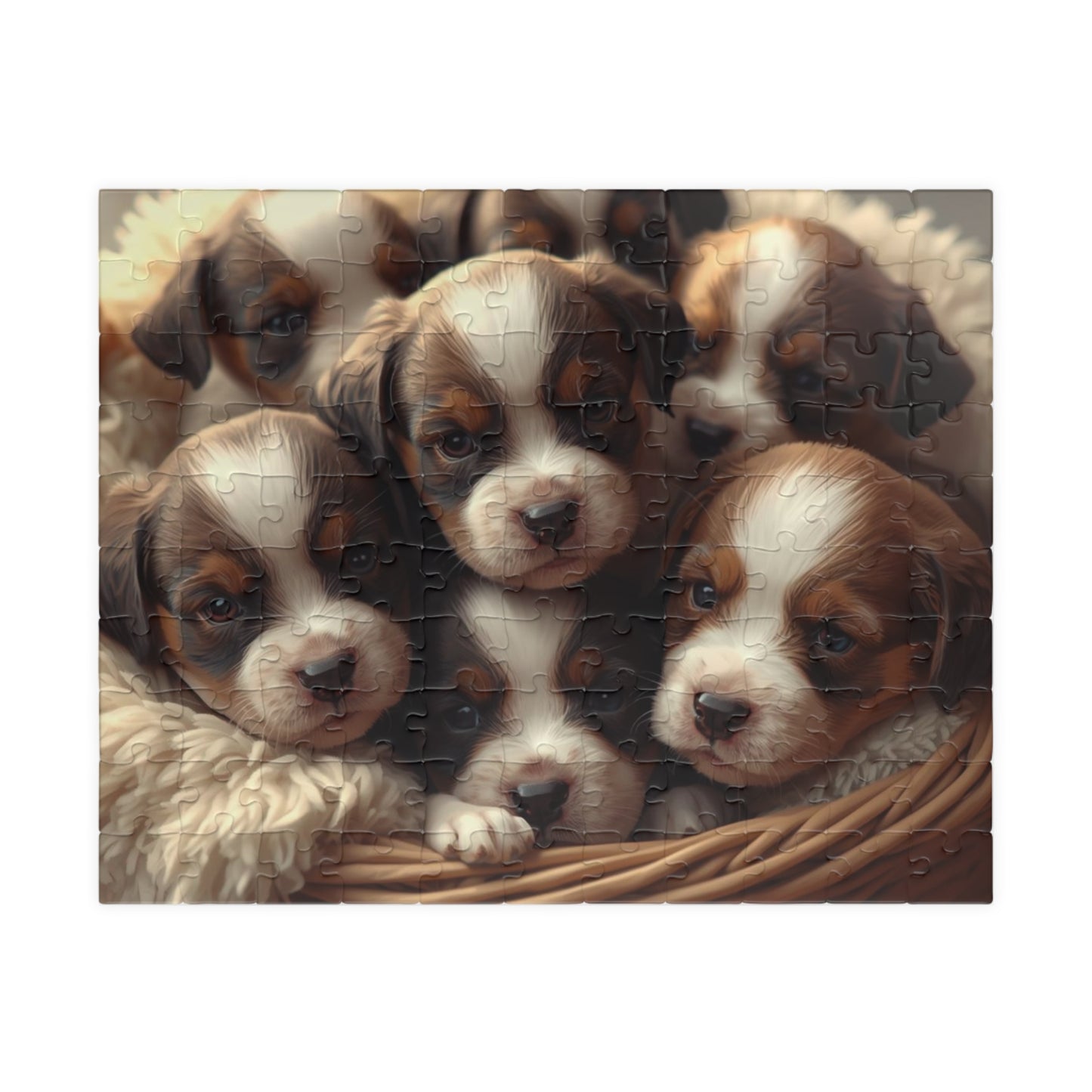 Jigsaw puzzle with a design of puppies in a basket on a white background