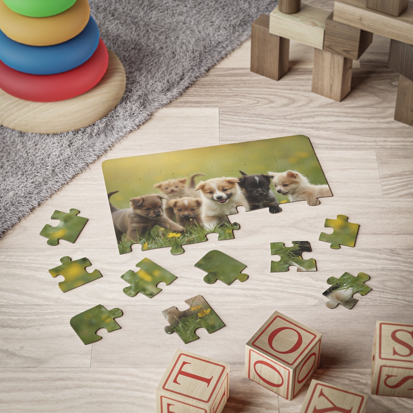 Children's puzzle with puppies on a wooden floor surrounded by toys