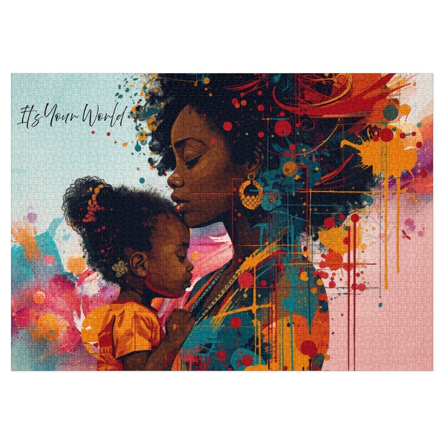 Colorful artwork of a mother and child holding hands with abstract design elements.