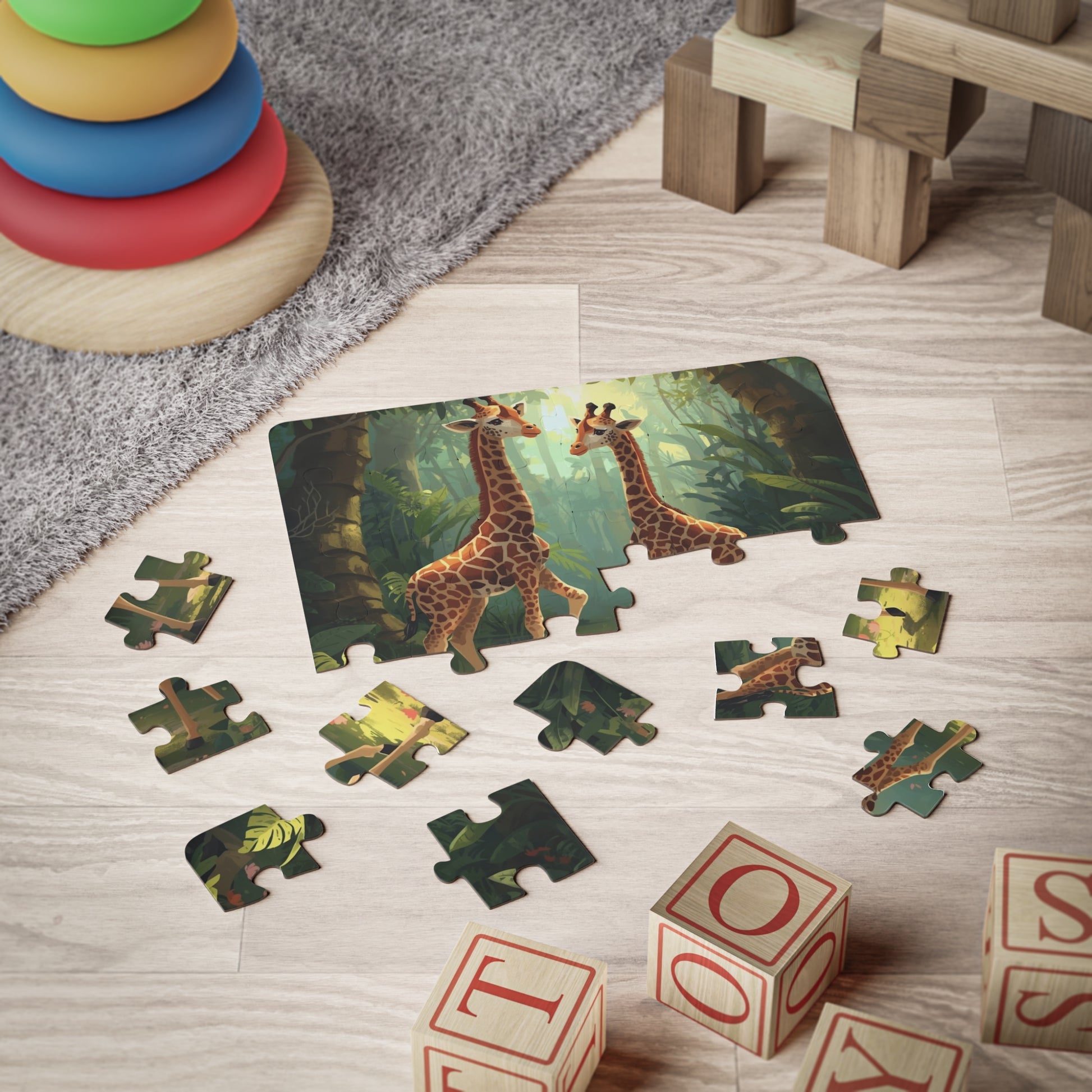 Children's puzzle with giraffe design on a wooden floor, surrounded by toys.