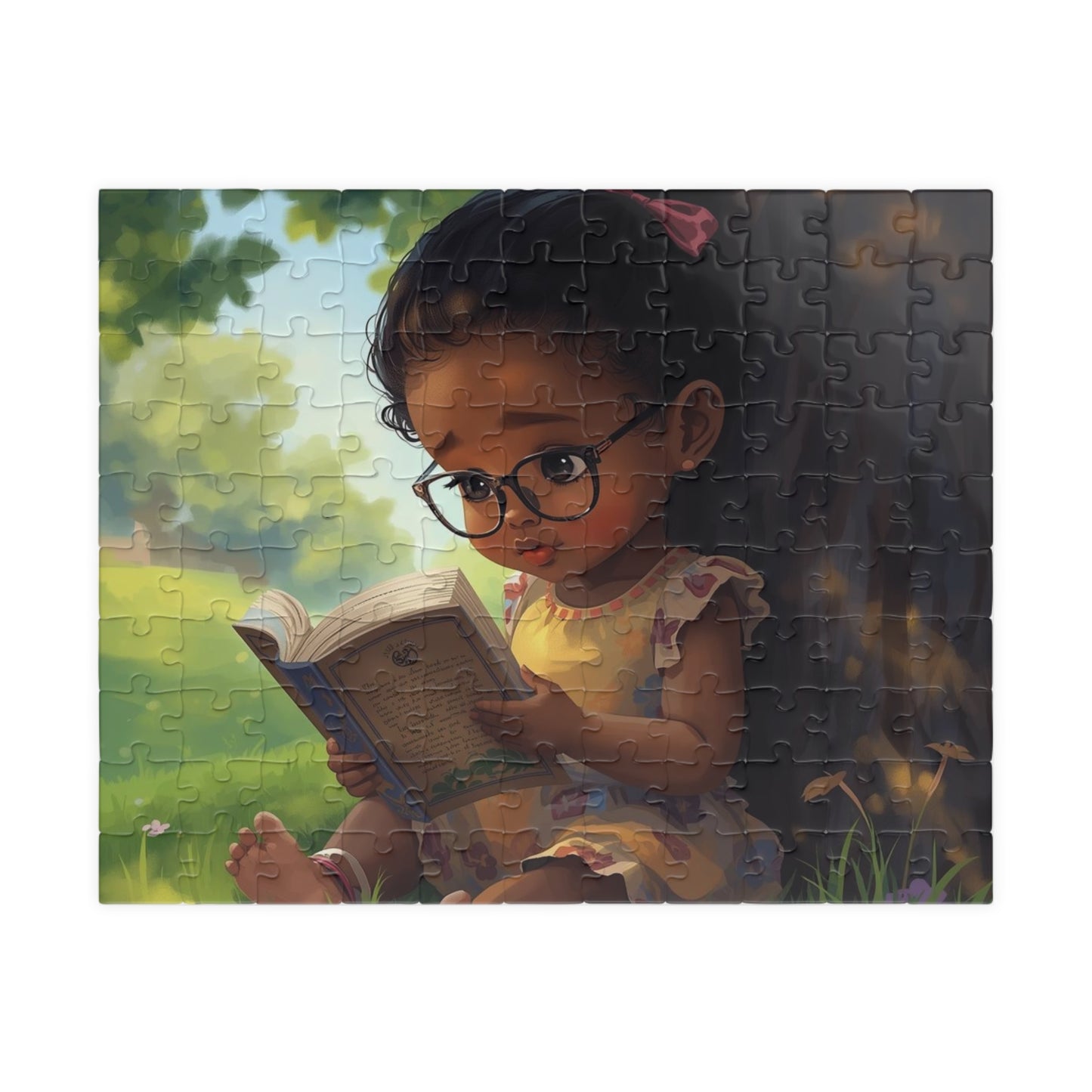 Jigsaw puzzle with a child reading a book in a garden