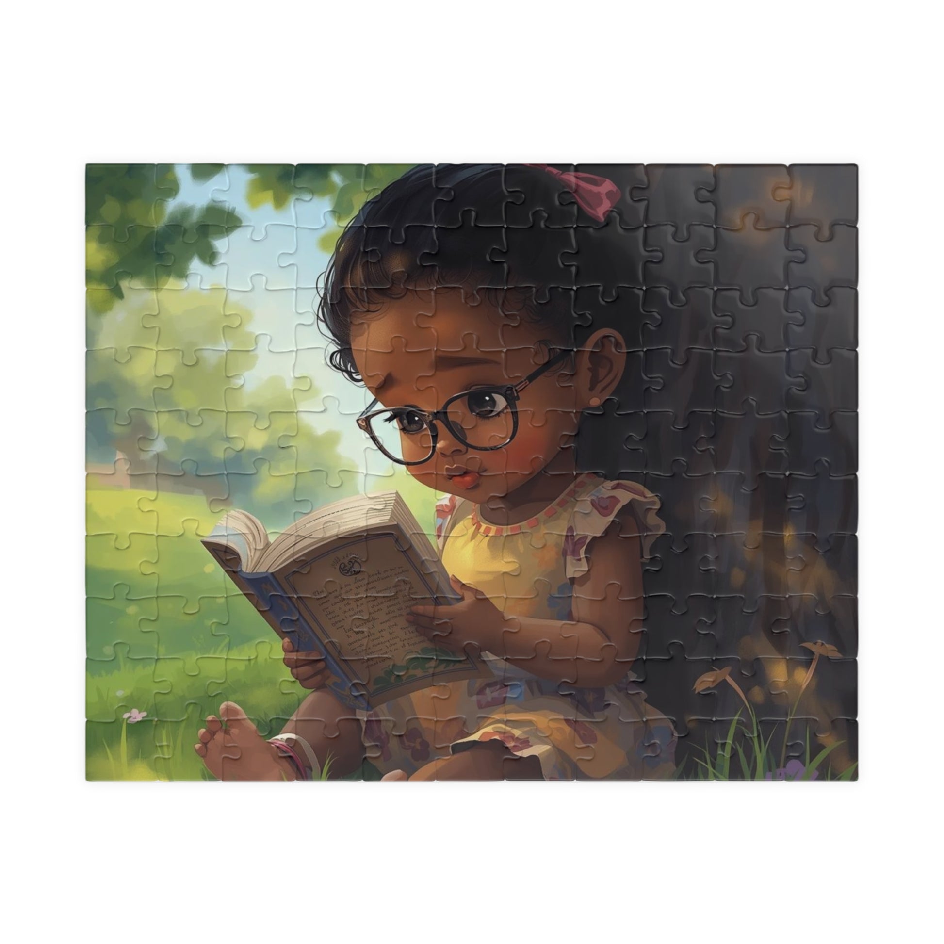 Jigsaw puzzle with a child reading a book in a garden