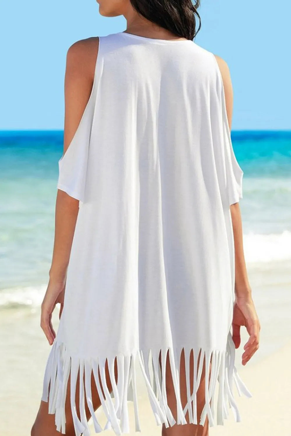Loose printed beach cover up with lightweight open weave and knee‑length hem