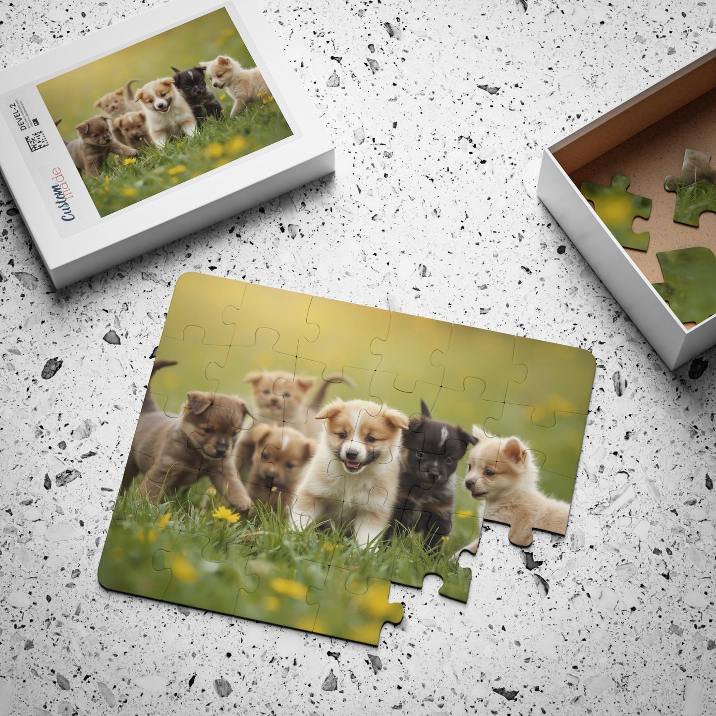 Puzzle with a picture of puppies on a textured surface