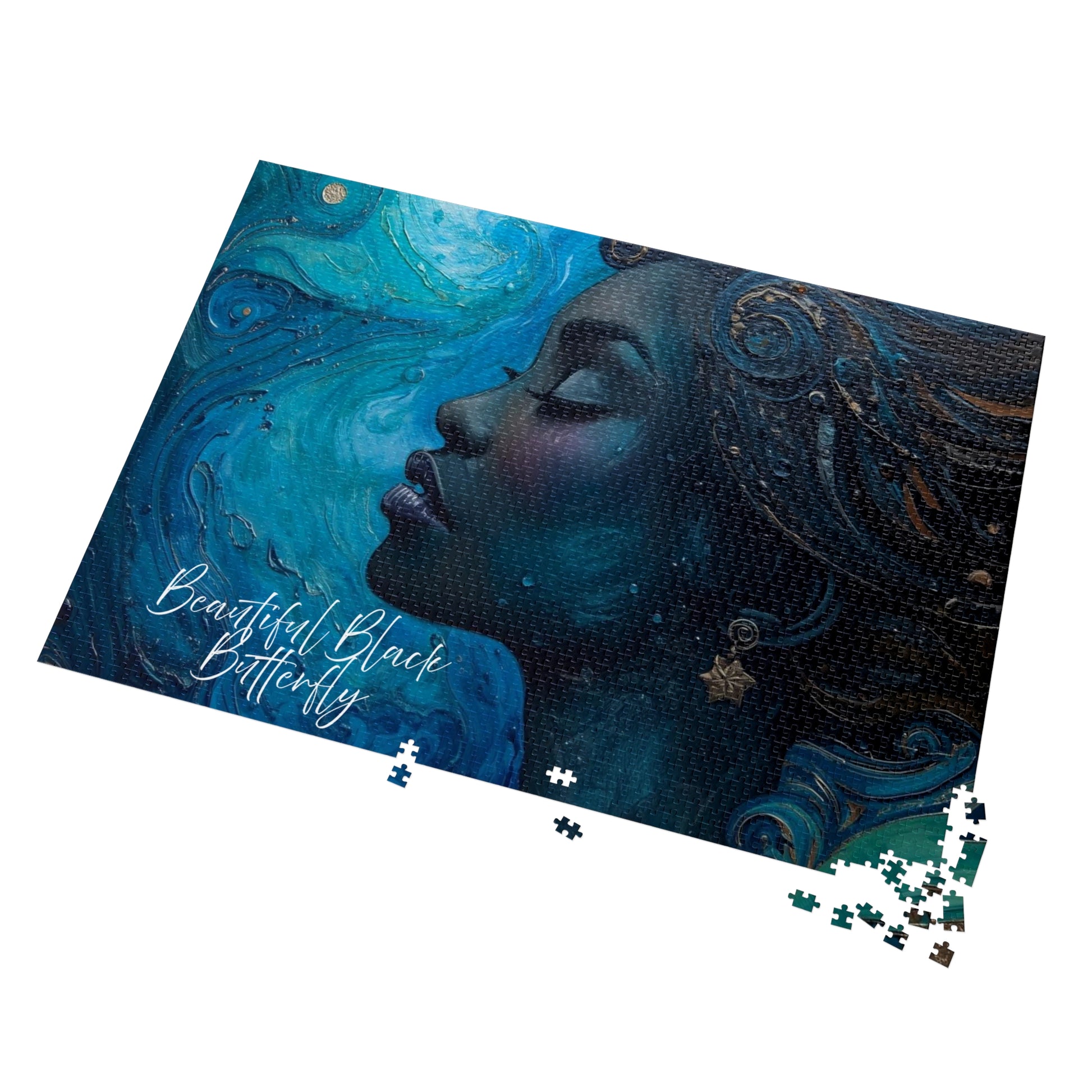 Jigsaw puzzle with a blue and black design of a woman's face and 'Beautiful Black Butterfly' text.