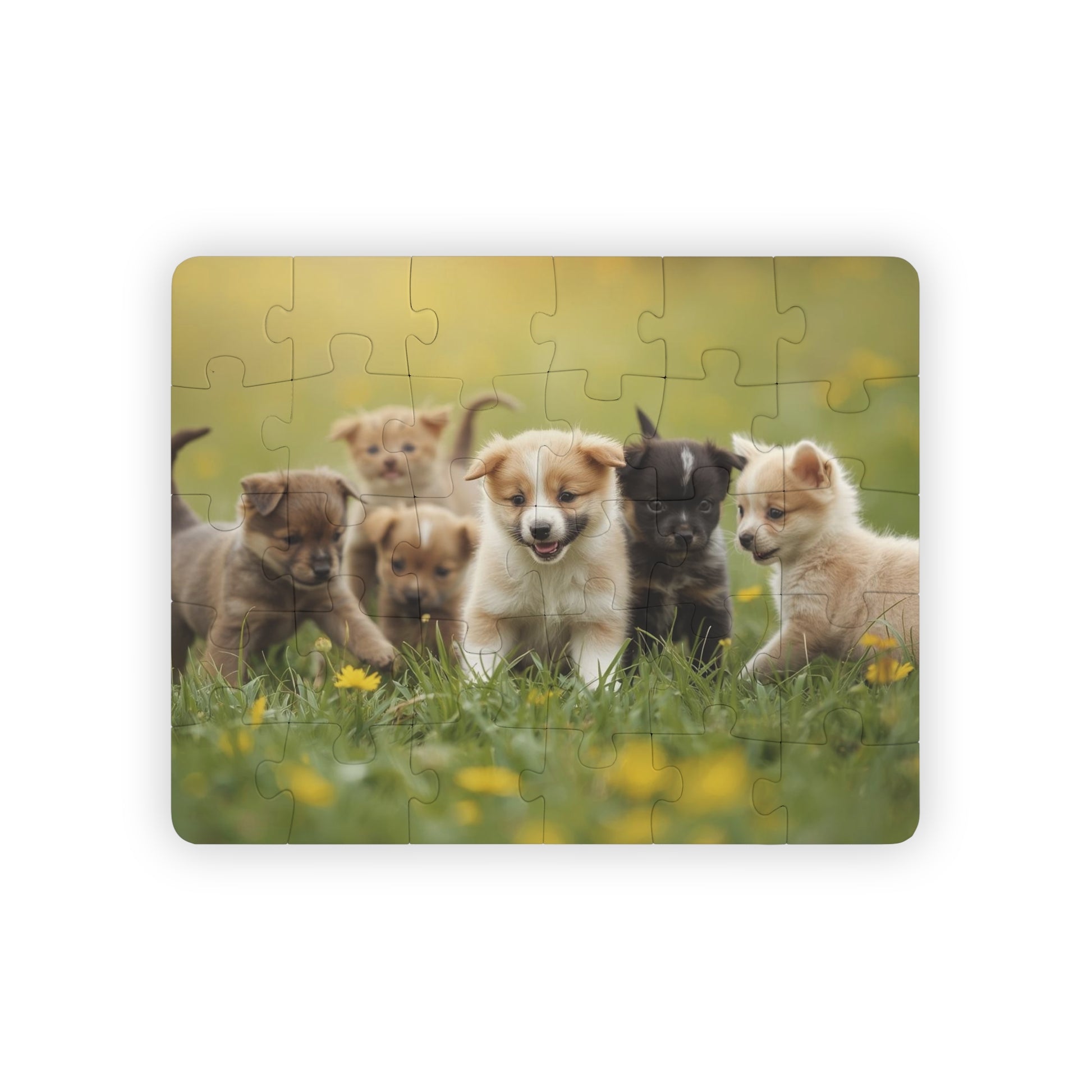 Jigsaw puzzle with a picture of puppies on grass