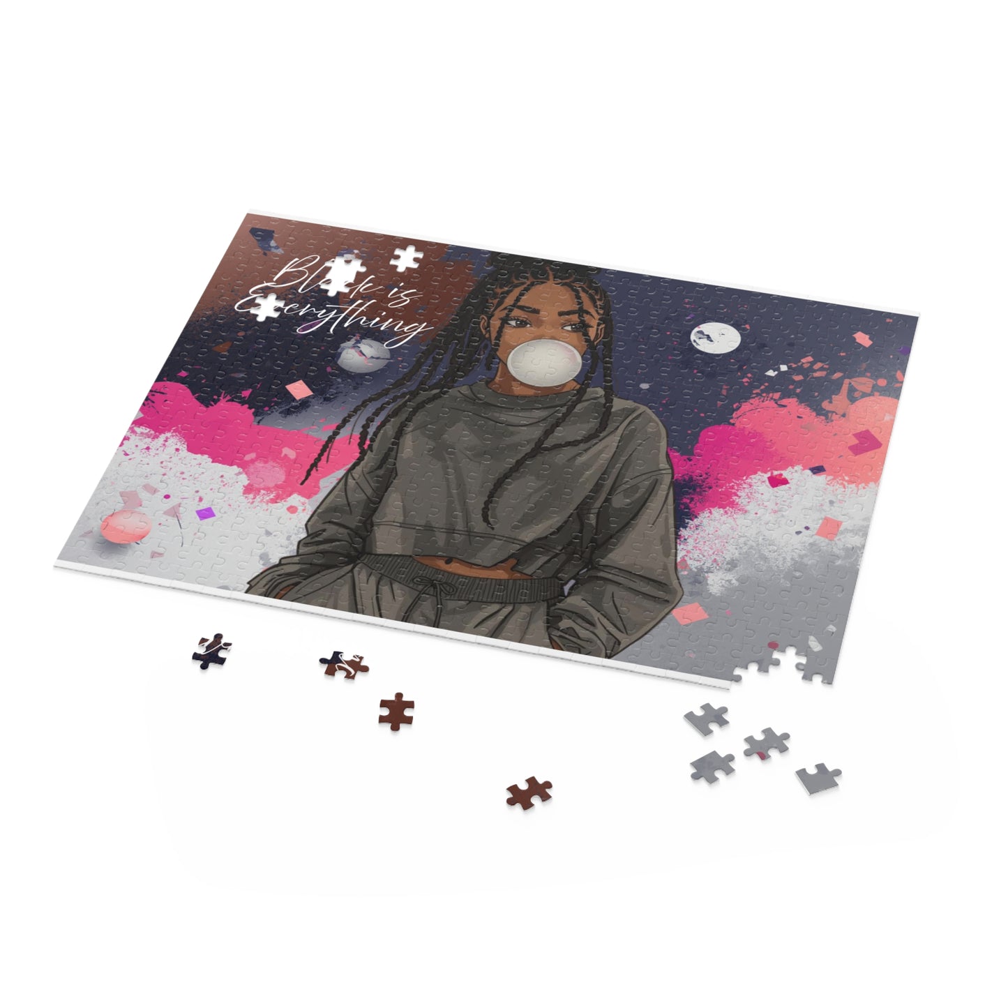 Jigsaw puzzle with a woman blowing bubbles on a colorful background, missing pieces.
