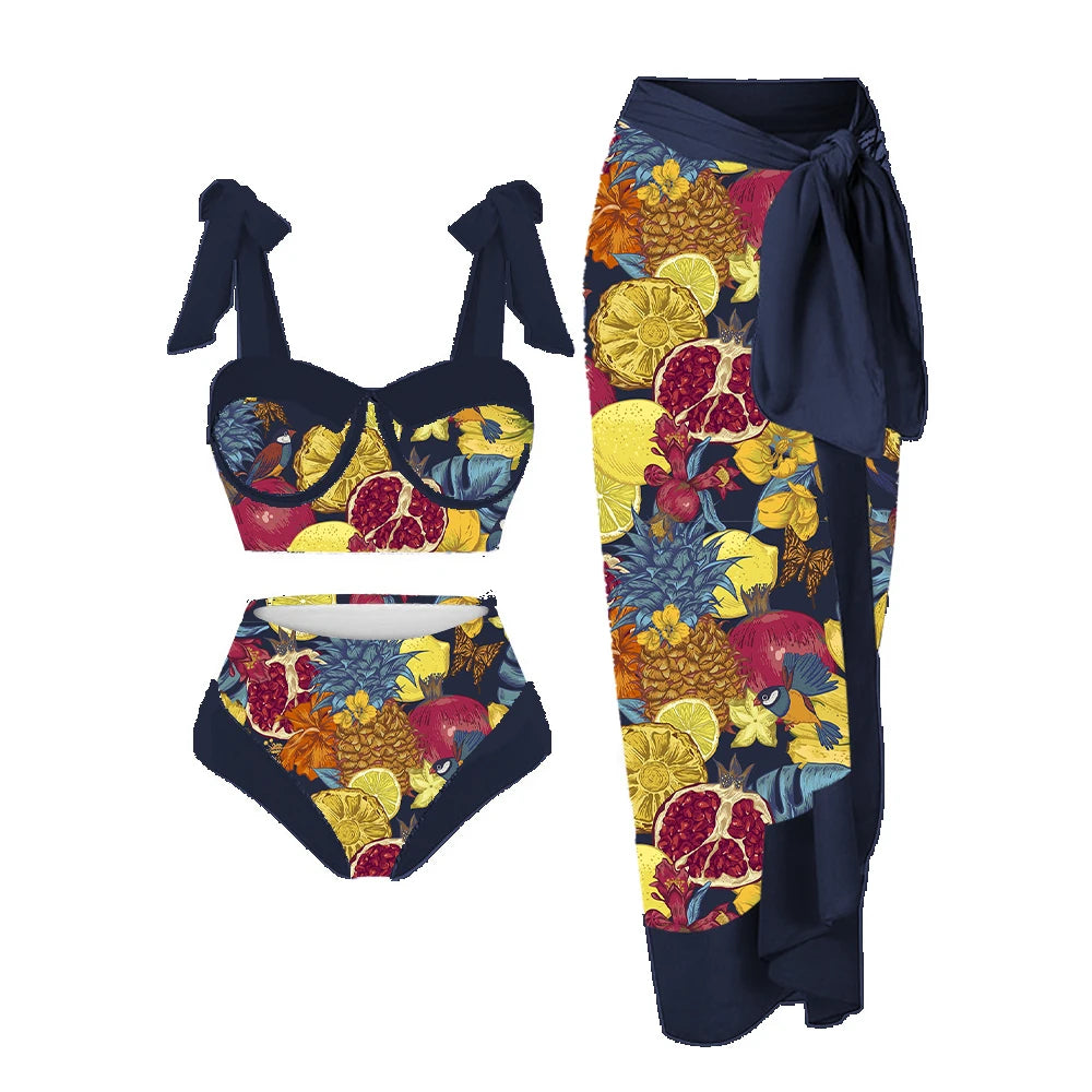 Colorful bikini set with floral pattern on a white background