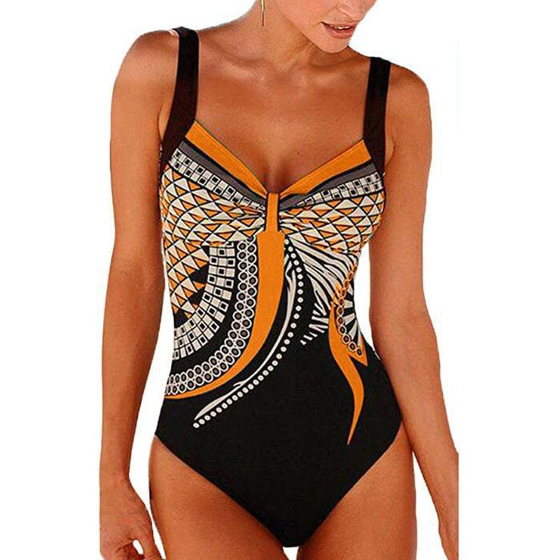 Vintage‑style push‑up printed swimsuit for women made of polyester and spandex, displayed on a plain background.