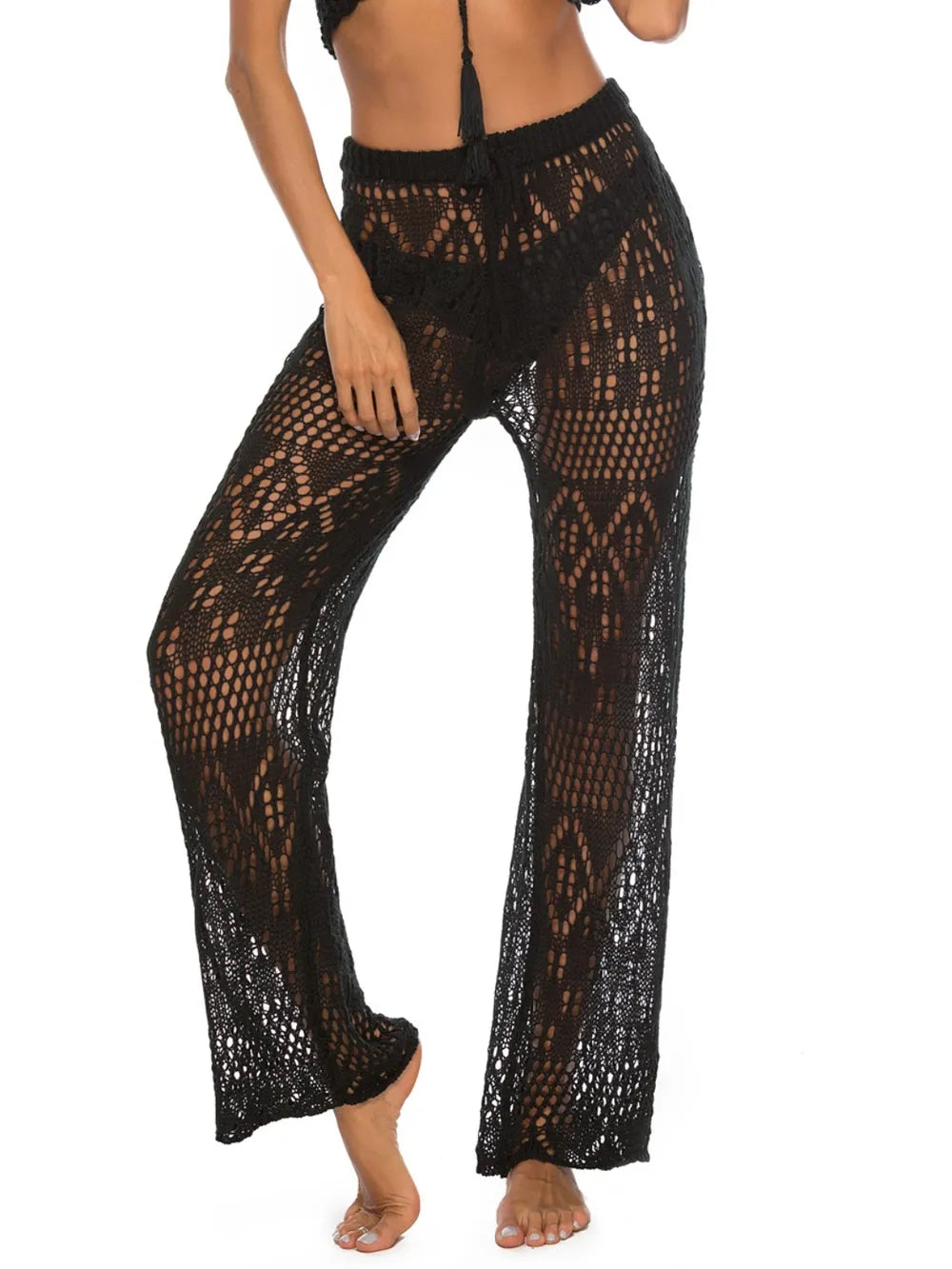 Straight-leg swim pants cover up in solid color with side cutouts and elastic waist, front view on white background.