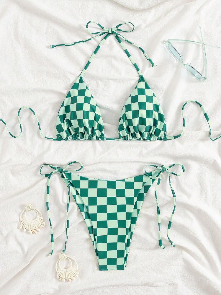 Checkered Lace-up Split Bikini swimsuit