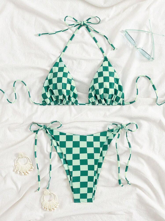 Checkered Lace-up Split Bikini swimsuit