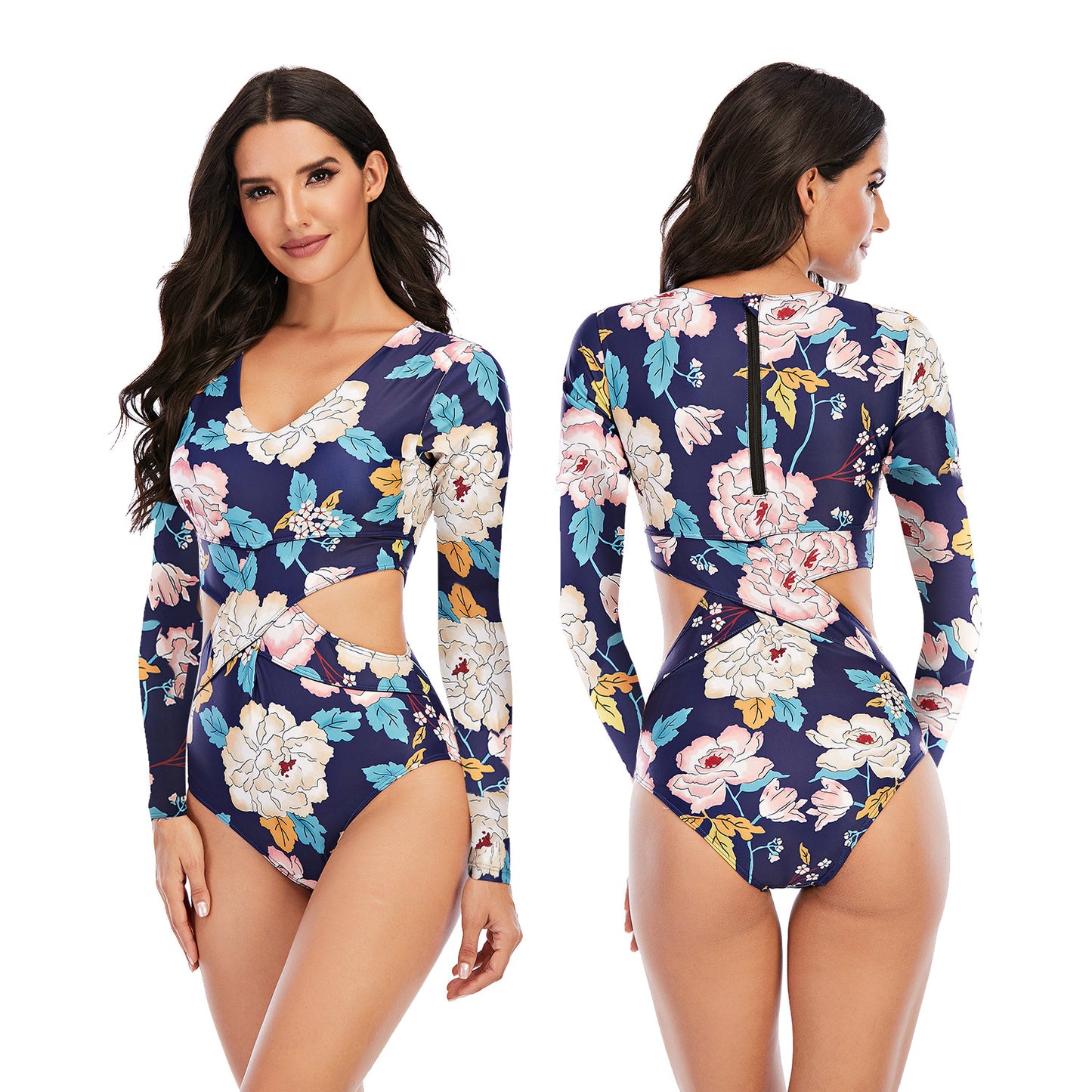 Woman wearing a floral cut-out swimsuit sold at PeachyBeanz.