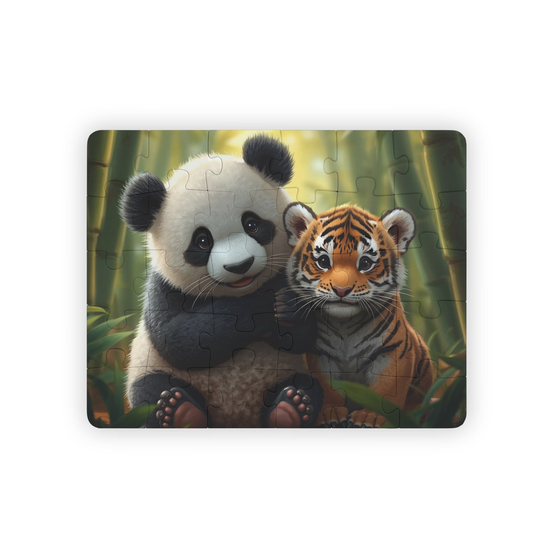 Jigsaw puzzle with a panda and tiger design on a white background