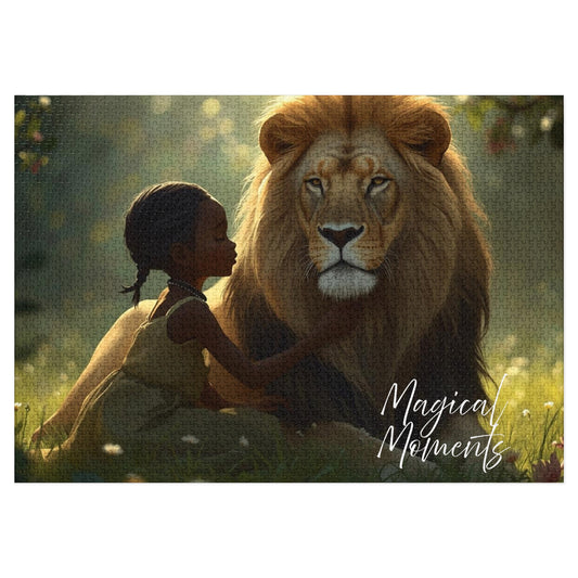 Illustration of a young girl sitting next to a lion with 'Magical Moments' text.