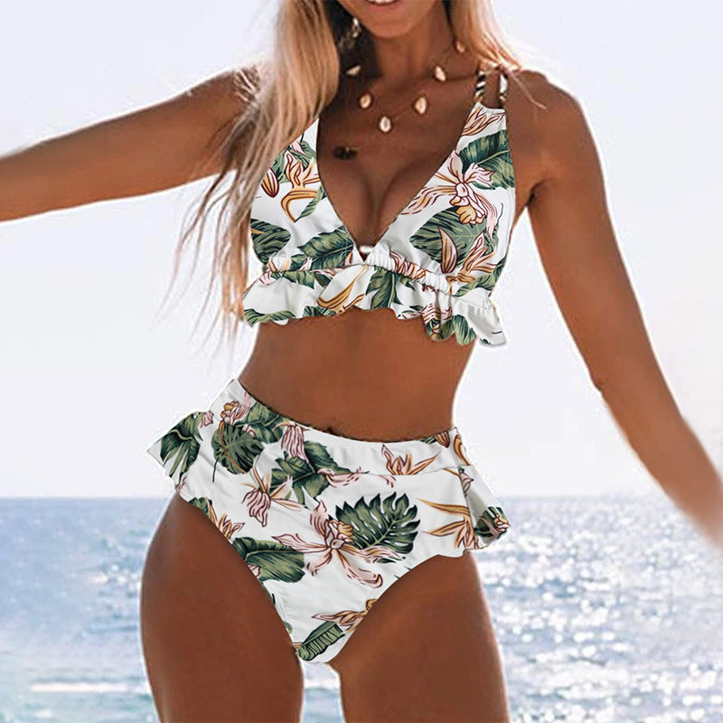 Woman wearing a tropical bikini with a beach background