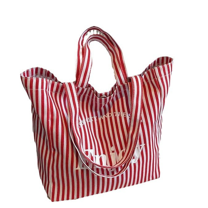 Women's Colorful Red Stripe Canvas Tote Bag Large Capacity Shoulder Tote Handbag