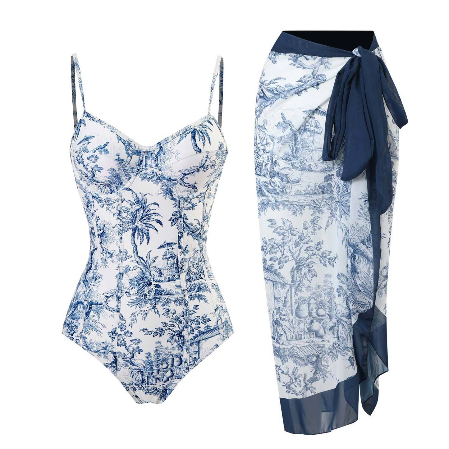 Navy and white bikini set with jungle design on a white background