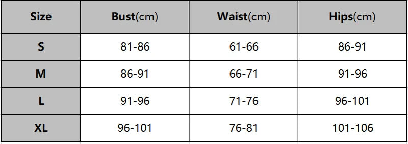 Size chart for clothing with bust, waist, and hips measurements in centimeters.