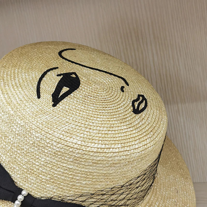 Women's Fashion Lace Bow Wide Brim Straw Sunhat