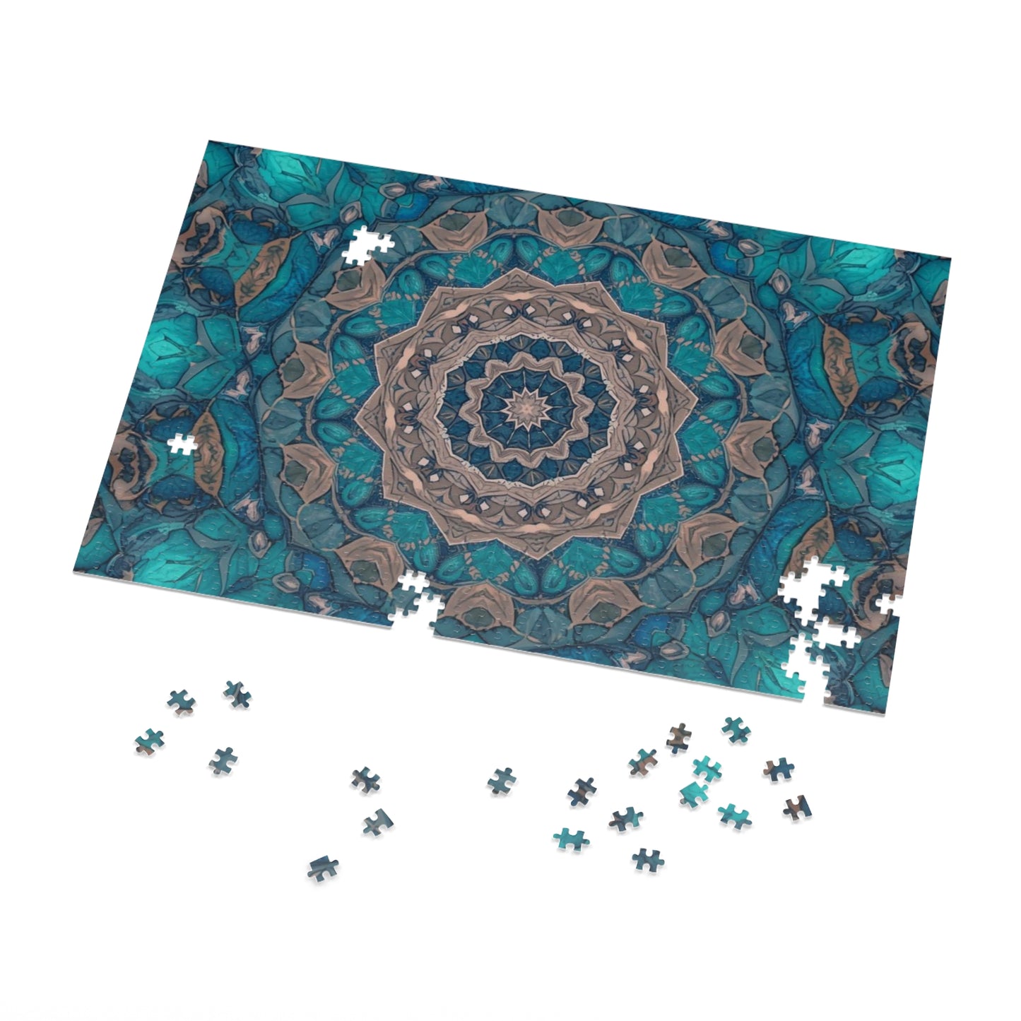 Turquoise Mandala Jigsaw Puzzle (with Tin) — 1000‑Piece Kaleidoscope Puzzle Gift