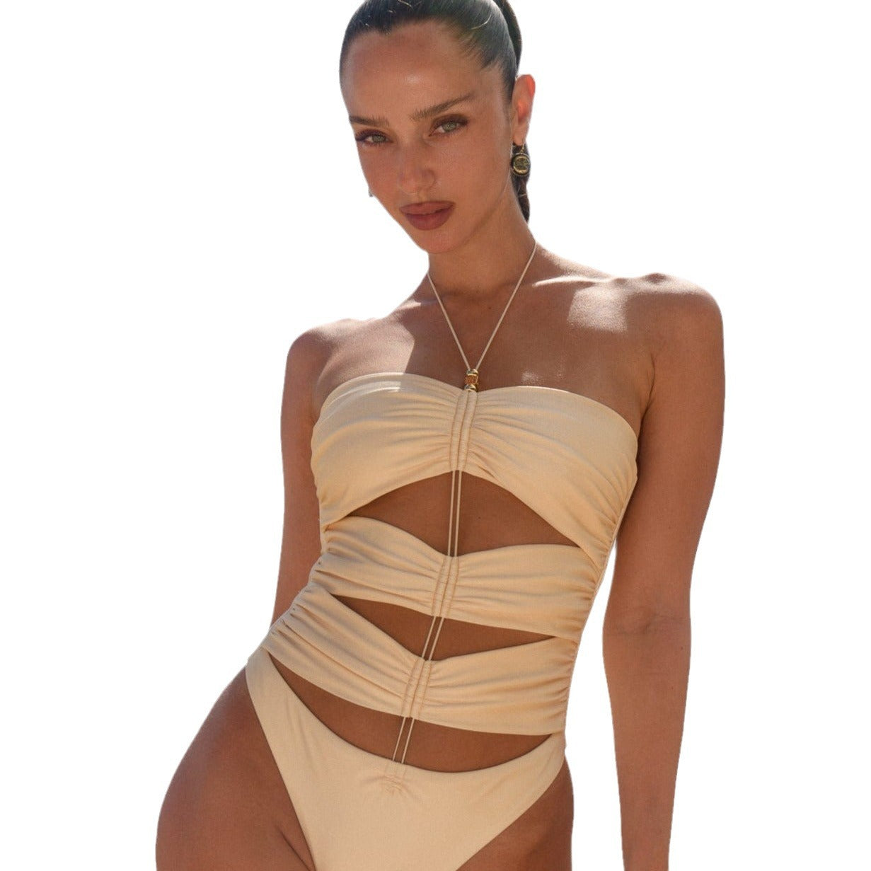 Nylon pleated cross‑fitted one‑piece swimsuit