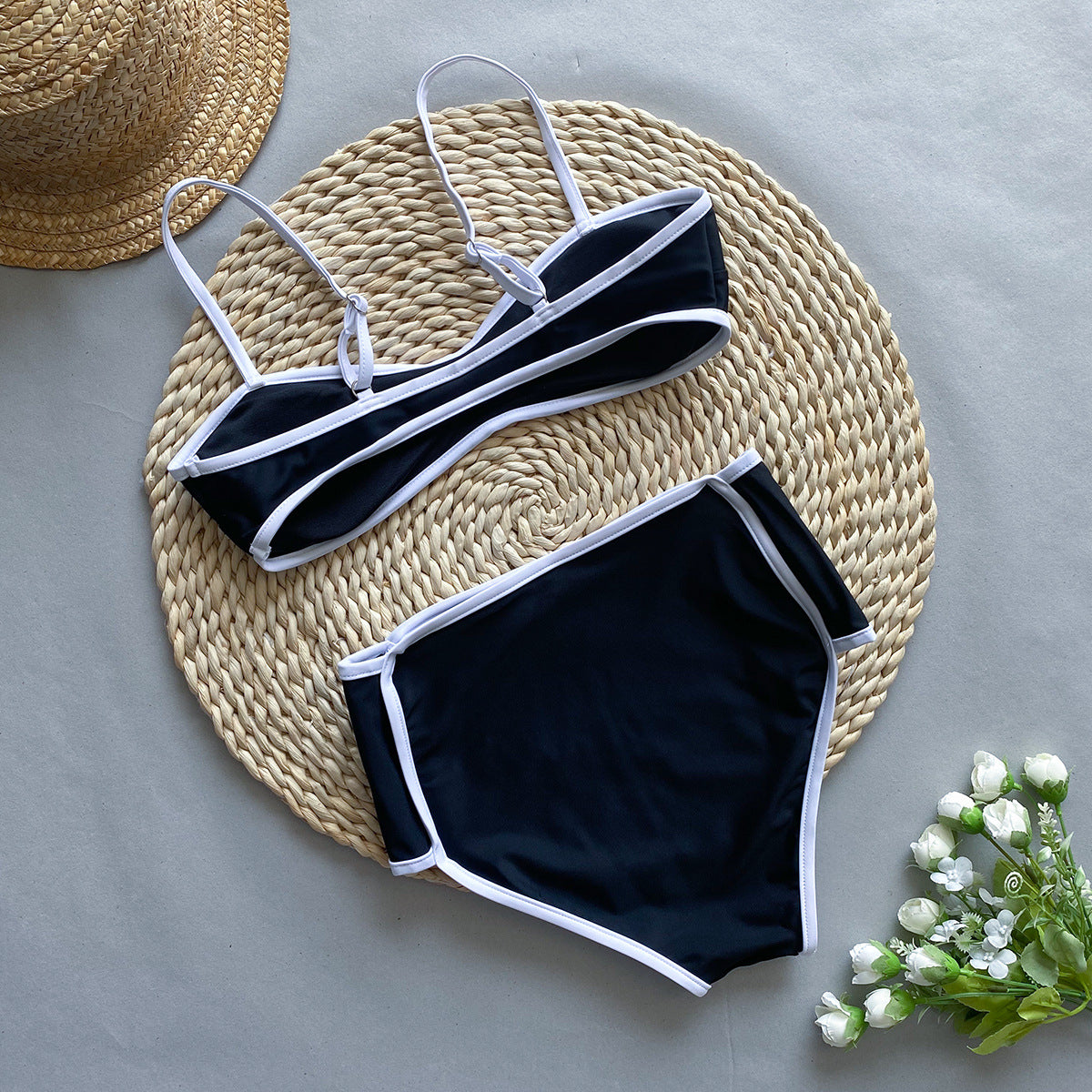 Black and white bikini with tube top and matching bottom 