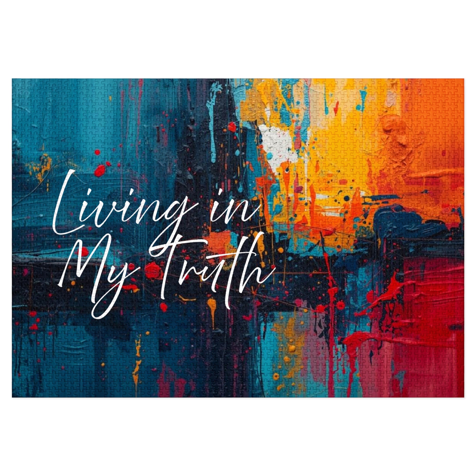 Abstract art with colorful splashes and 'Living in My Truth' text