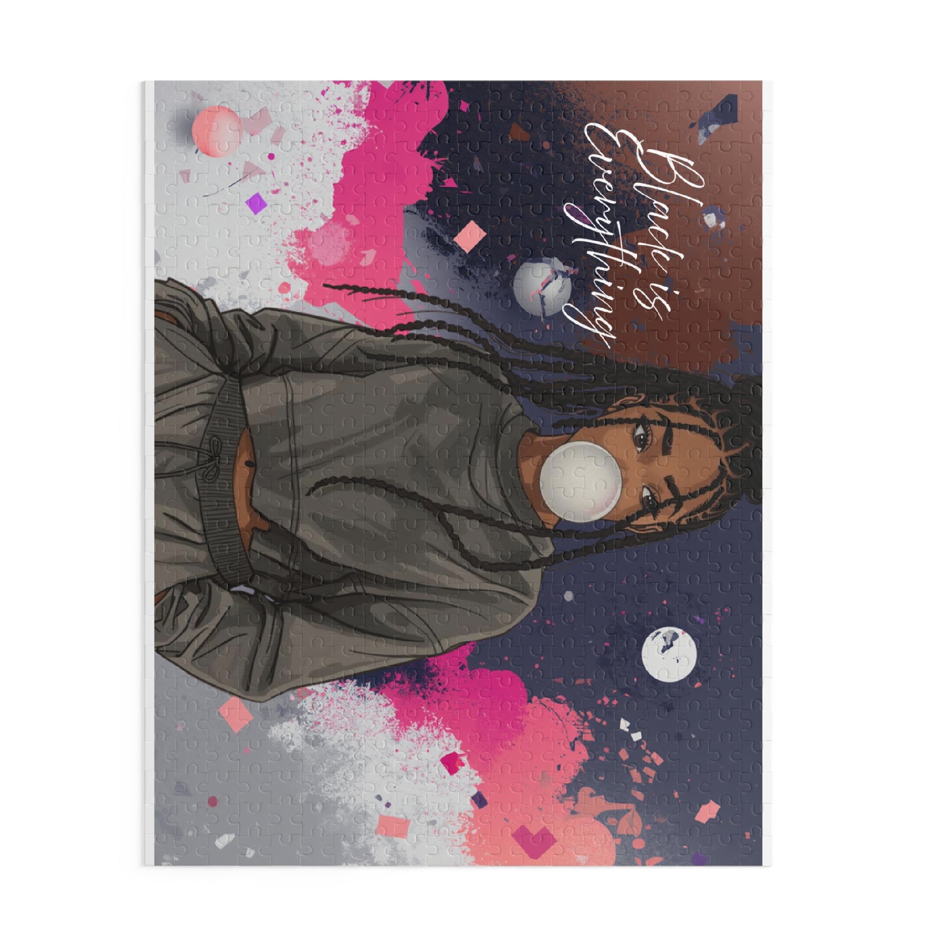Notebook with a colorful design featuring a person in a hoodie and text 'Black is Everything'.