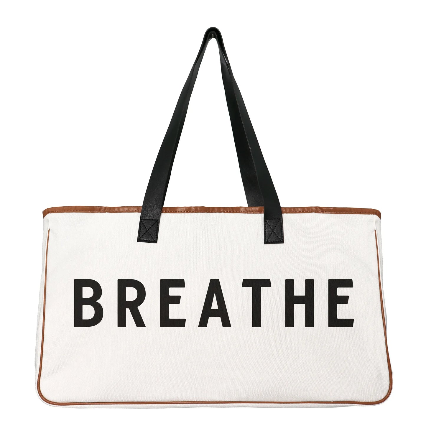White tote bag with 'BREATHE' text and black handles on a white background
