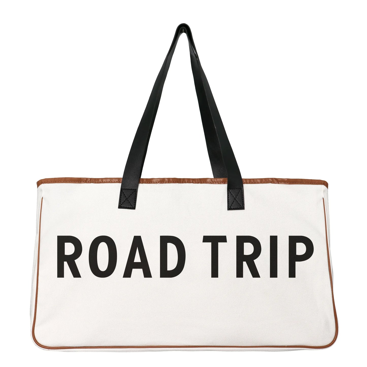 White tote bag with 'ROAD TRIP' text and black handles on a white background
