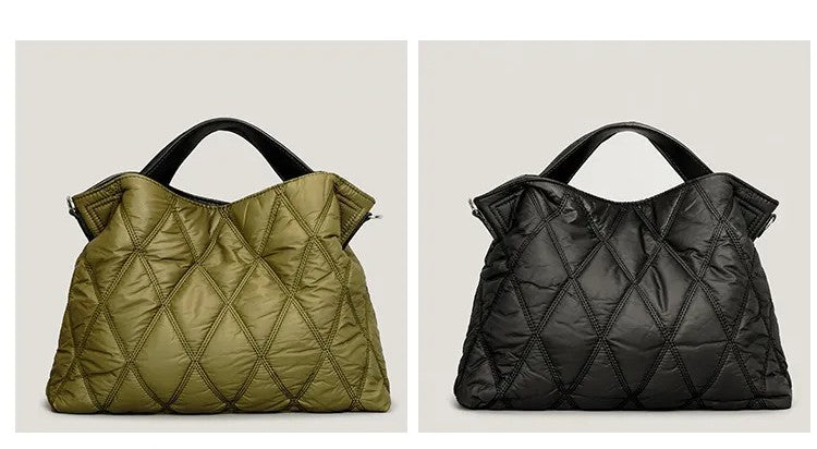 Two quilted handbags, one green and one black, on a light beige background.