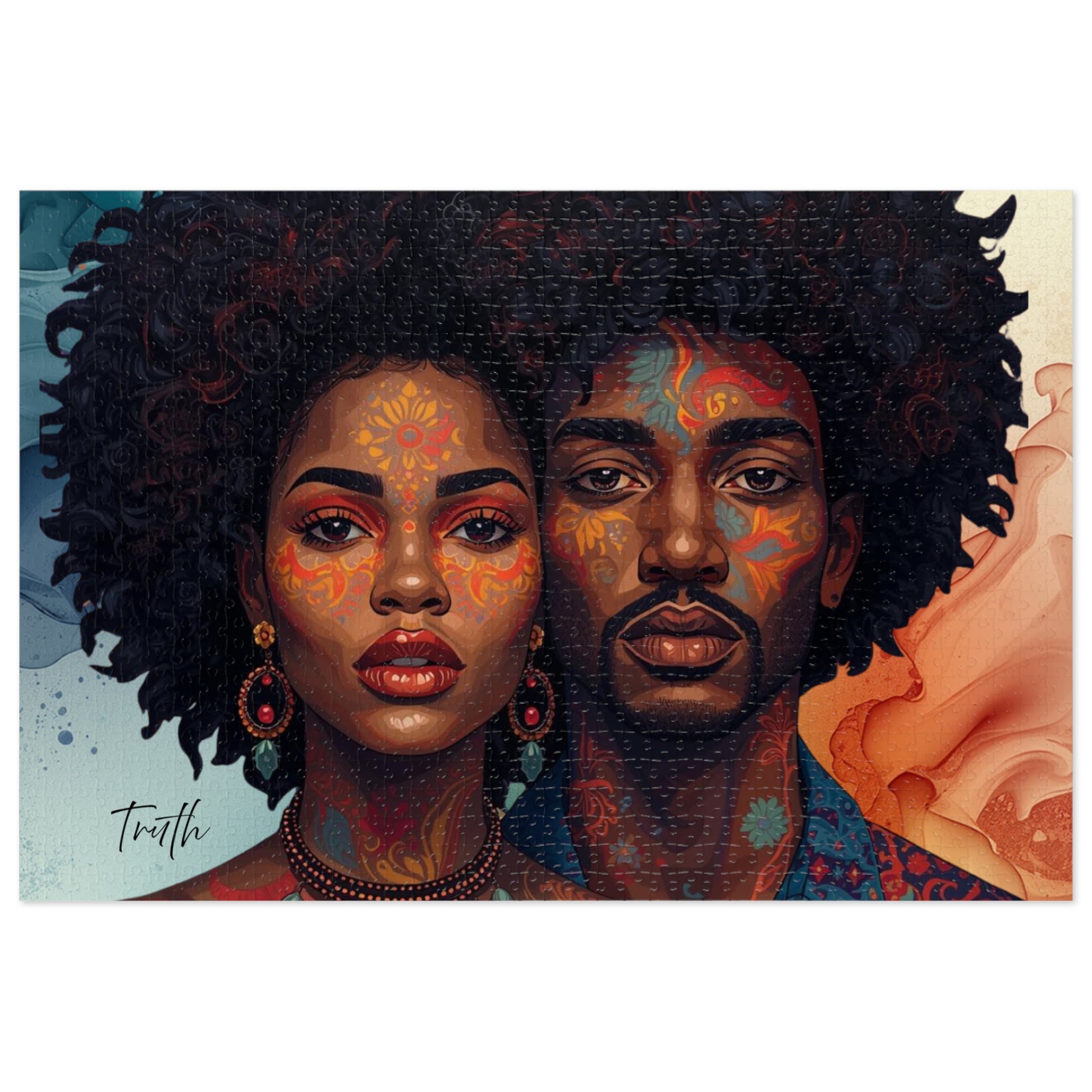 Artistic depiction of a couple with intricate designs on their faces, set against a colorful background.