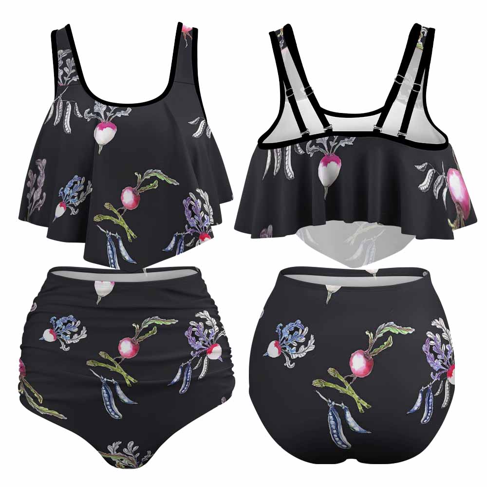Two‑piece floral and black ladies bikini swimsuit with adjustable straps displayed on a white background.