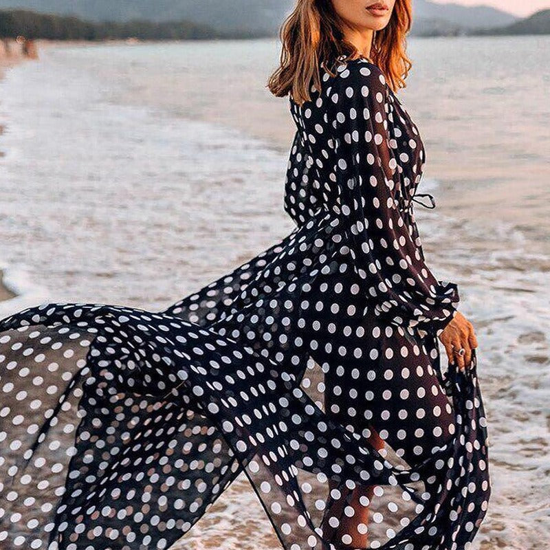 Polka dot swimsuit cover-up robe sold at PeachyBeanz.
