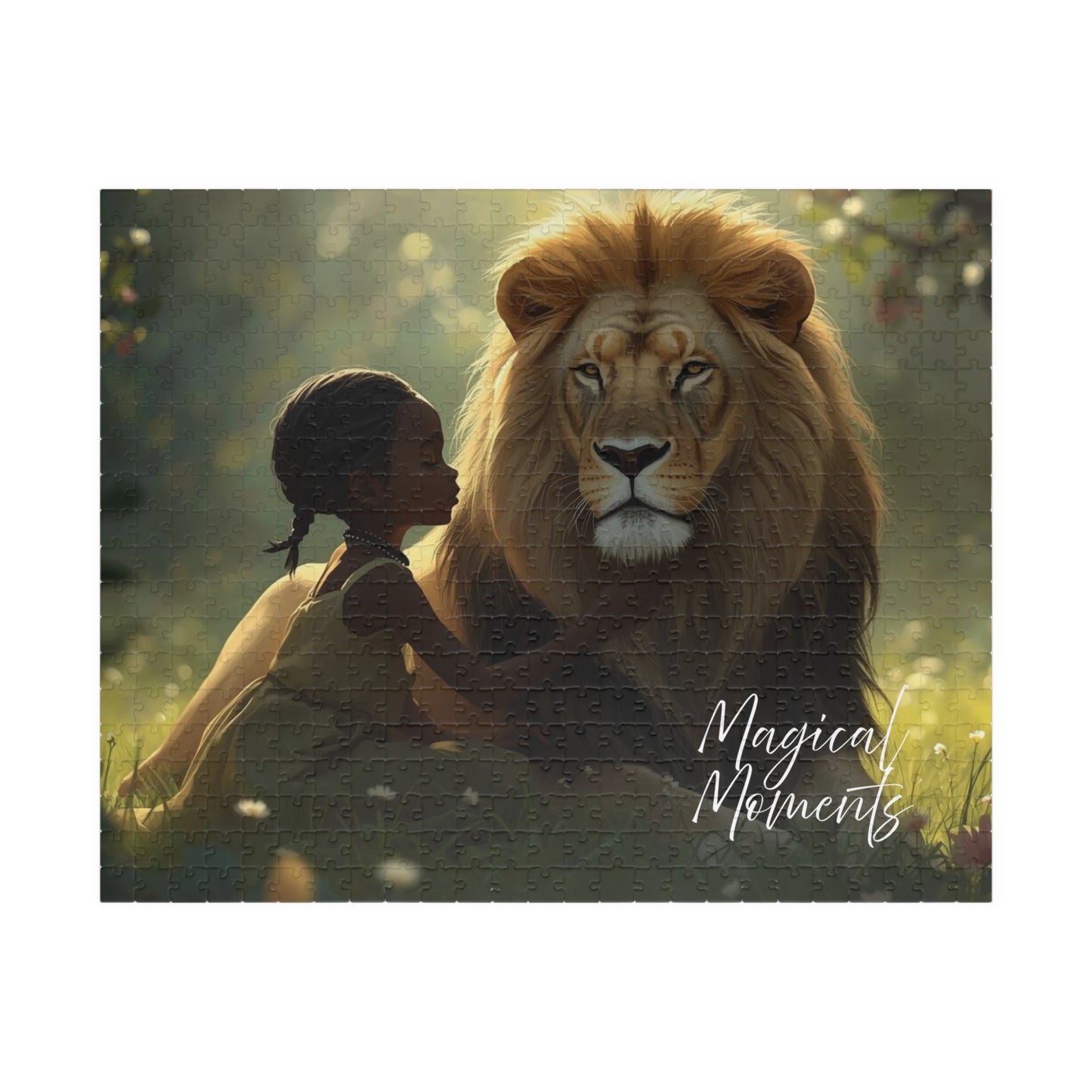 Illustration of a woman sitting next to a lion with 'Magical Moments' text