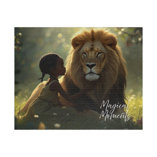 Illustration of a woman sitting next to a lion with 'Magical Moments' text