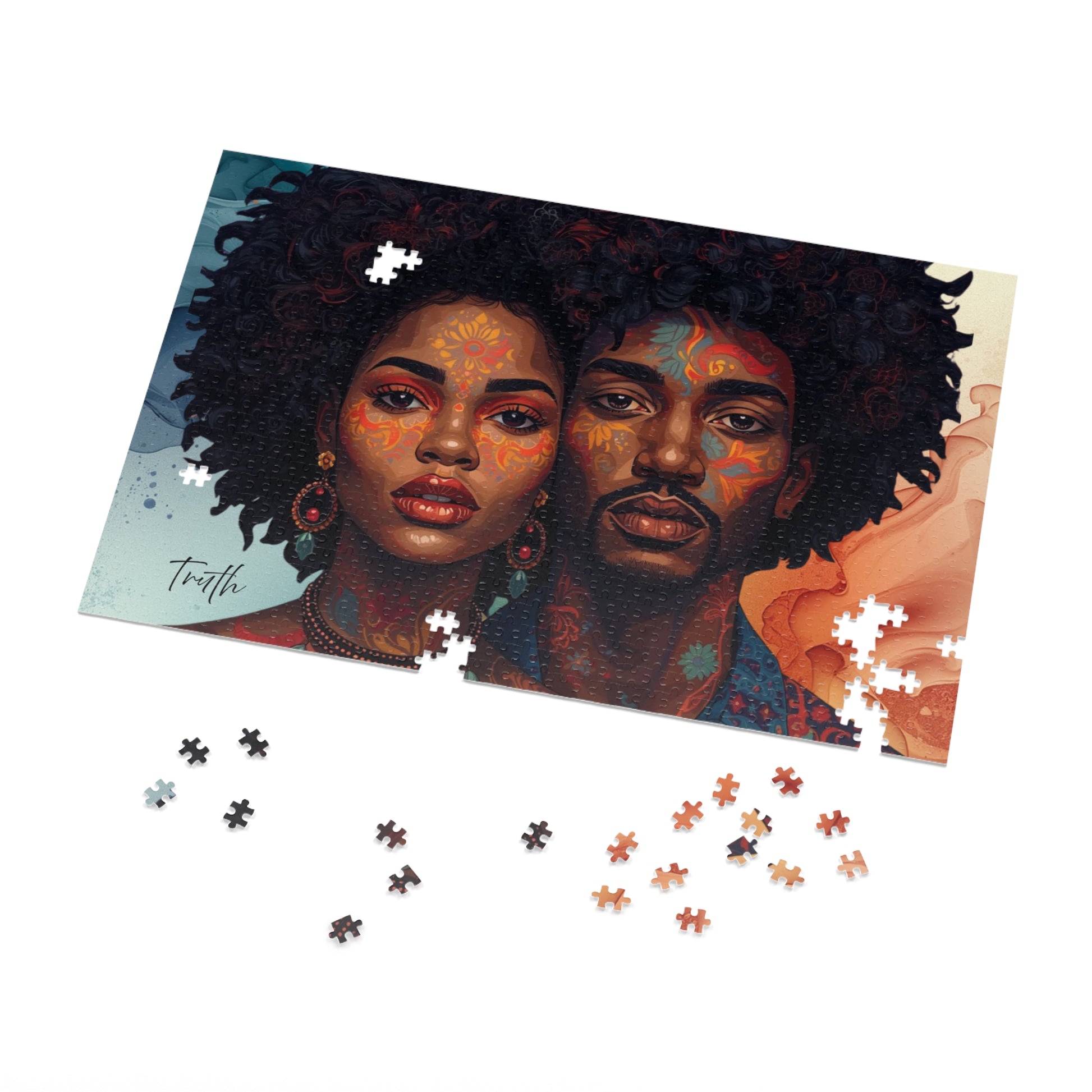 Jigsaw puzzle with a colorful illustration of two people on a white background