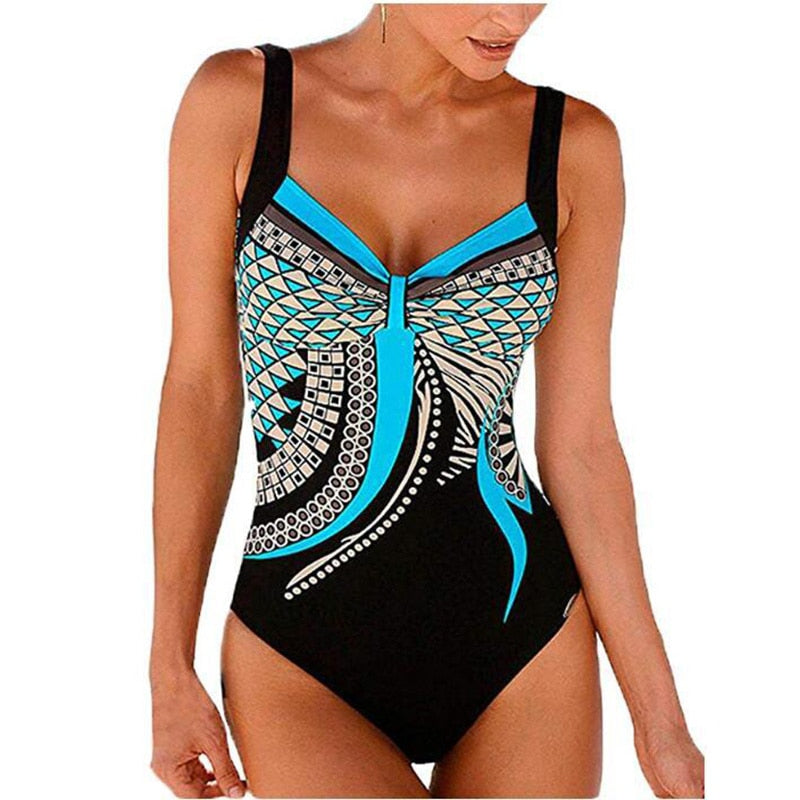 Vintage‑style push‑up printed swimsuit for women made of polyester and spandex, displayed on a plain background.