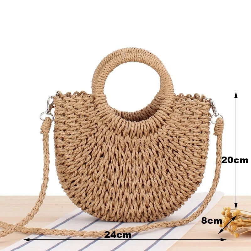 Woven handbag with dimensions on a white background
