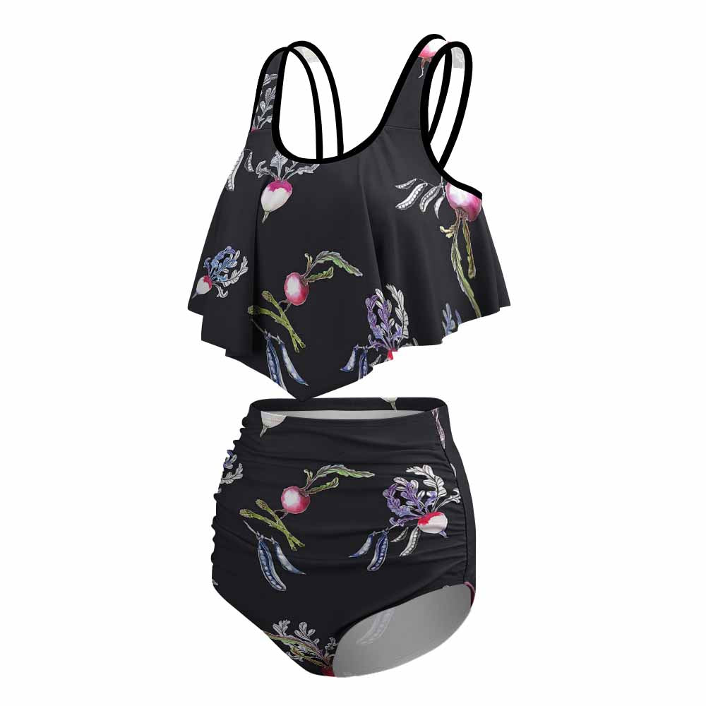 Two‑piece floral and black ladies bikini swimsuit with adjustable straps displayed on a white background.