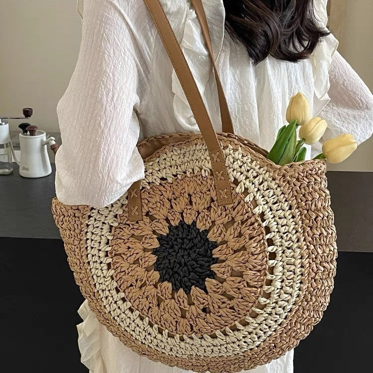 Women's Round Rope Hollow Beige Woven Casual Beach Shoulder Fashionable Bag