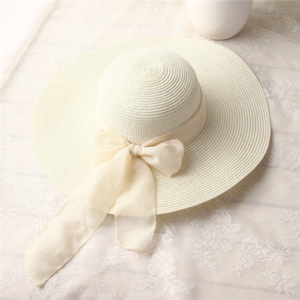 Women's Ribbon Bow-knot Wide Brim Beach Hat