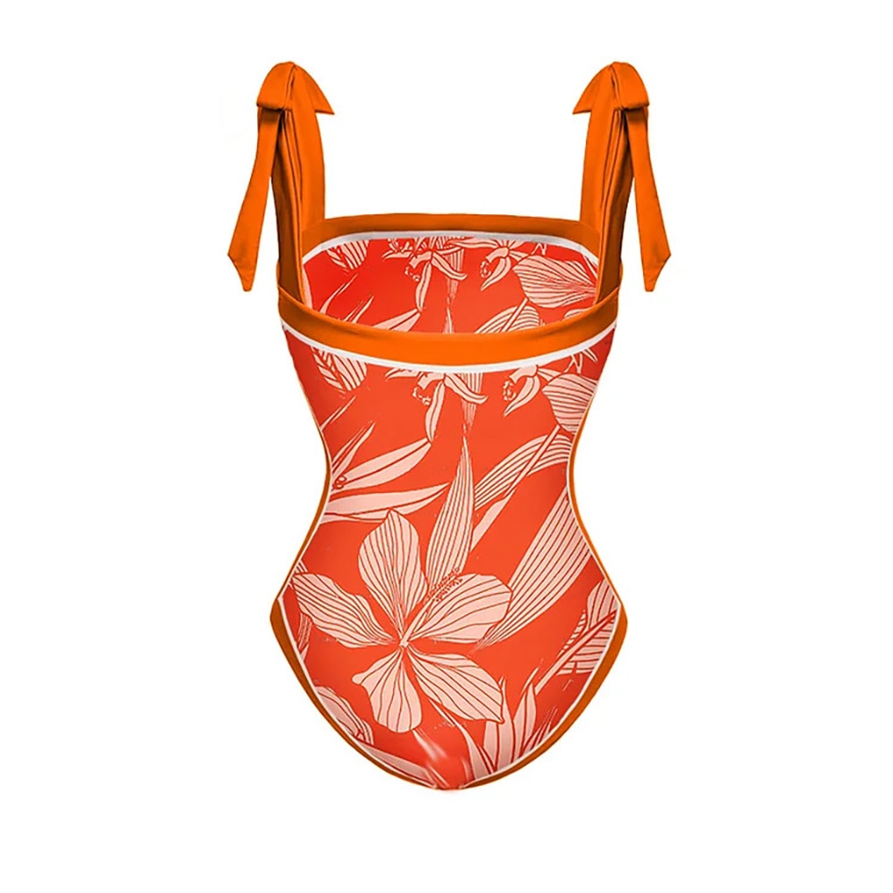 Women’s orange colorblock one‑piece swimsuit with bowknot shoulder straps.