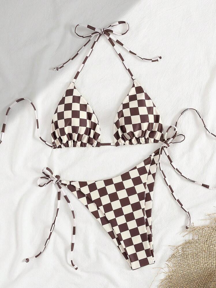 Checkered Lace-up Split Bikini swimsuit