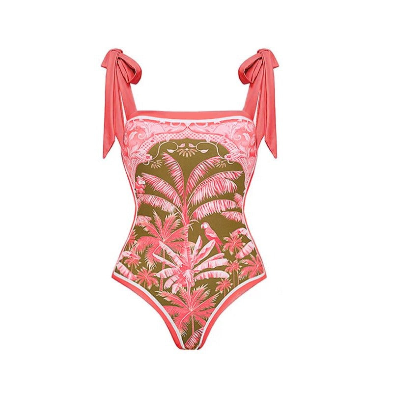 Coral bikini with floral pattern on a white background